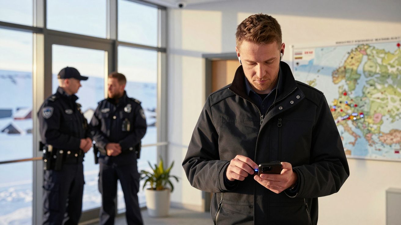 Homem a ver telemóvel em primeiro plano, dois polícias ao fundo numa sala com mapa na parede e neve vista pela janela.