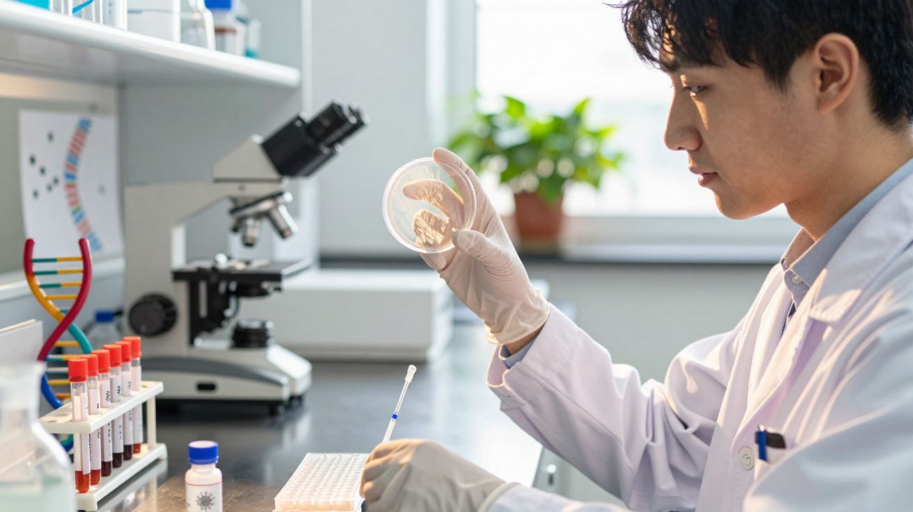 Cientista em laboratório analisa uma placa de Petri com amostras, cercado por tubos de ensaio e um microscópio.