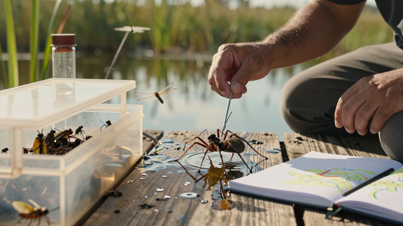 Pessoa manipulando insetos numa doca com água, caixa e caderno ao lado, num ambiente natural com canas.