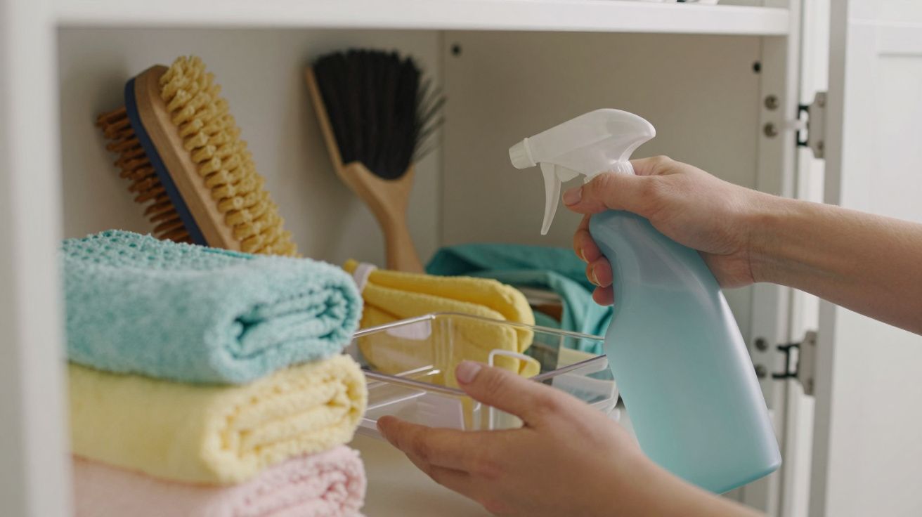 Mãos organizam produtos de limpeza num armário, incluindo toalhas coloridas, escovas e um frasco de spray azul.