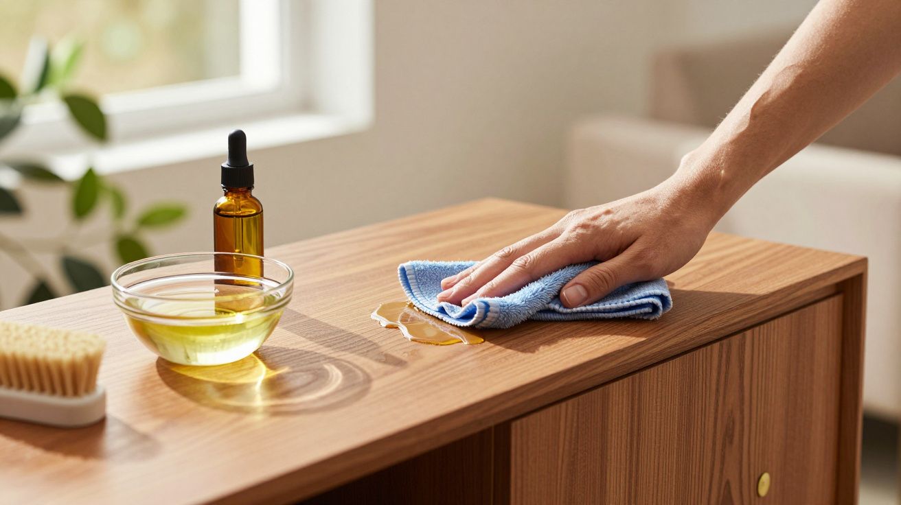 Mão limpa com pano azul numa mesa de madeira, ao lado de óleo, tigela e escova.