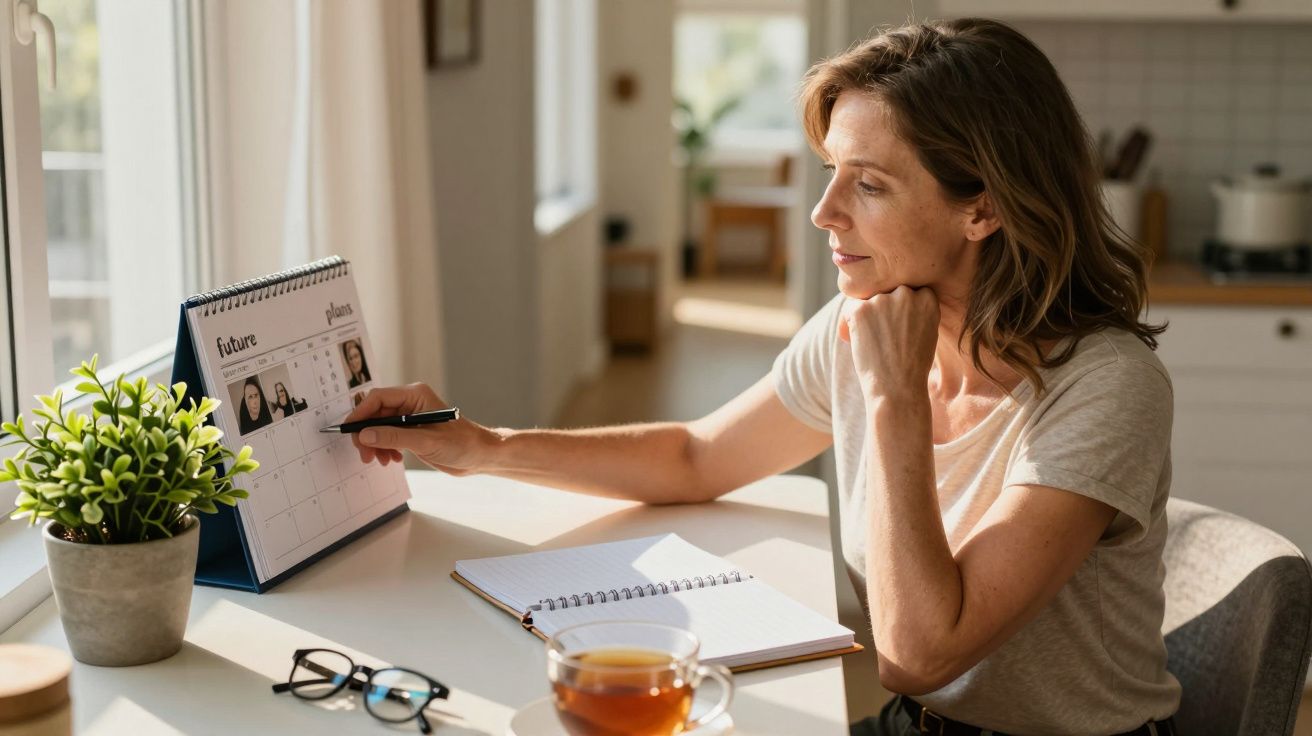 Mulher planeia no calendário, sentada à mesa com chá e caderno, numa cozinha iluminada pelo sol.