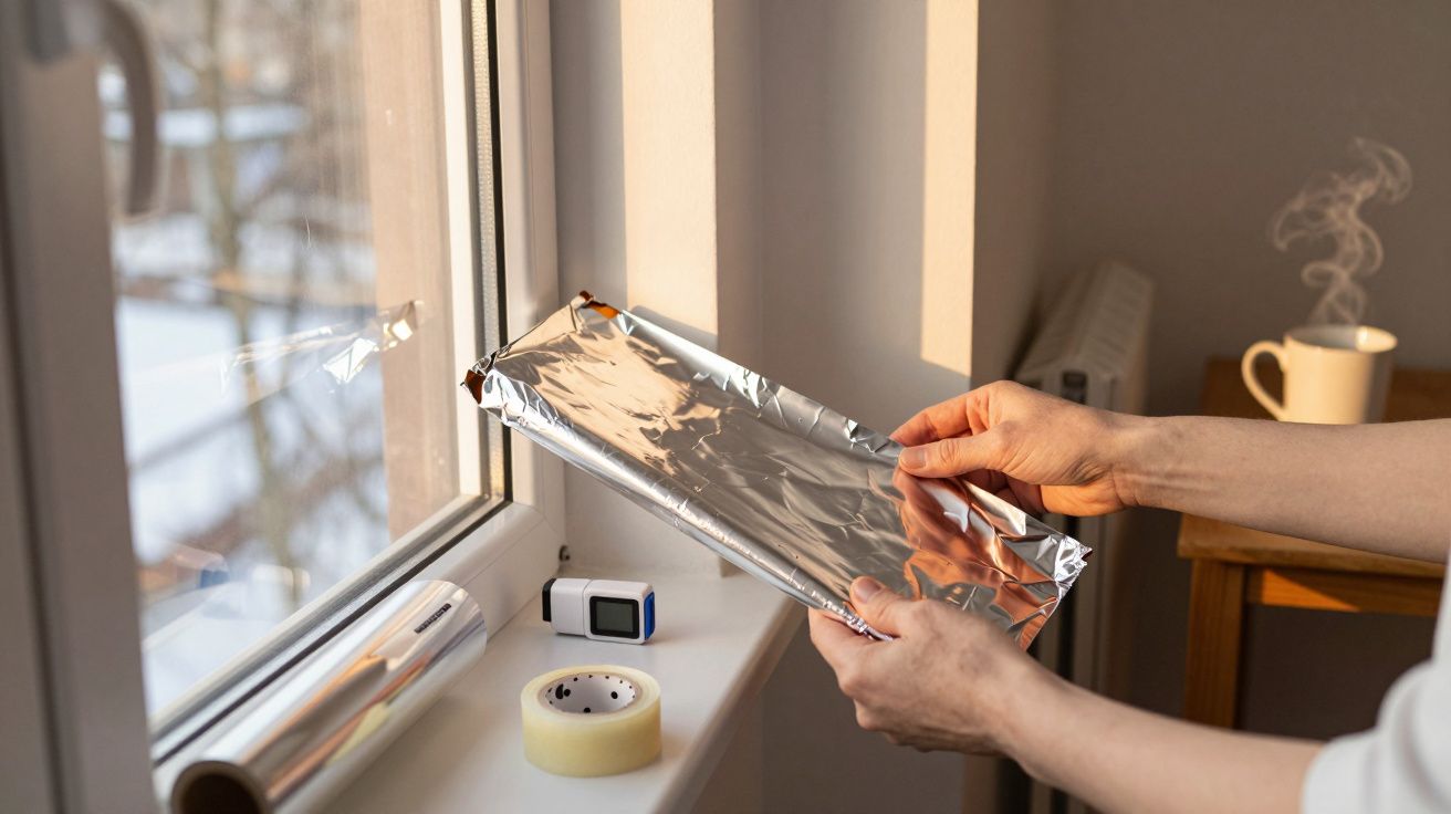 Pessoa a segurar folha de alumínio perto de janela, fita adesiva e termómetro na prateleira ao lado de uma chávena de café.