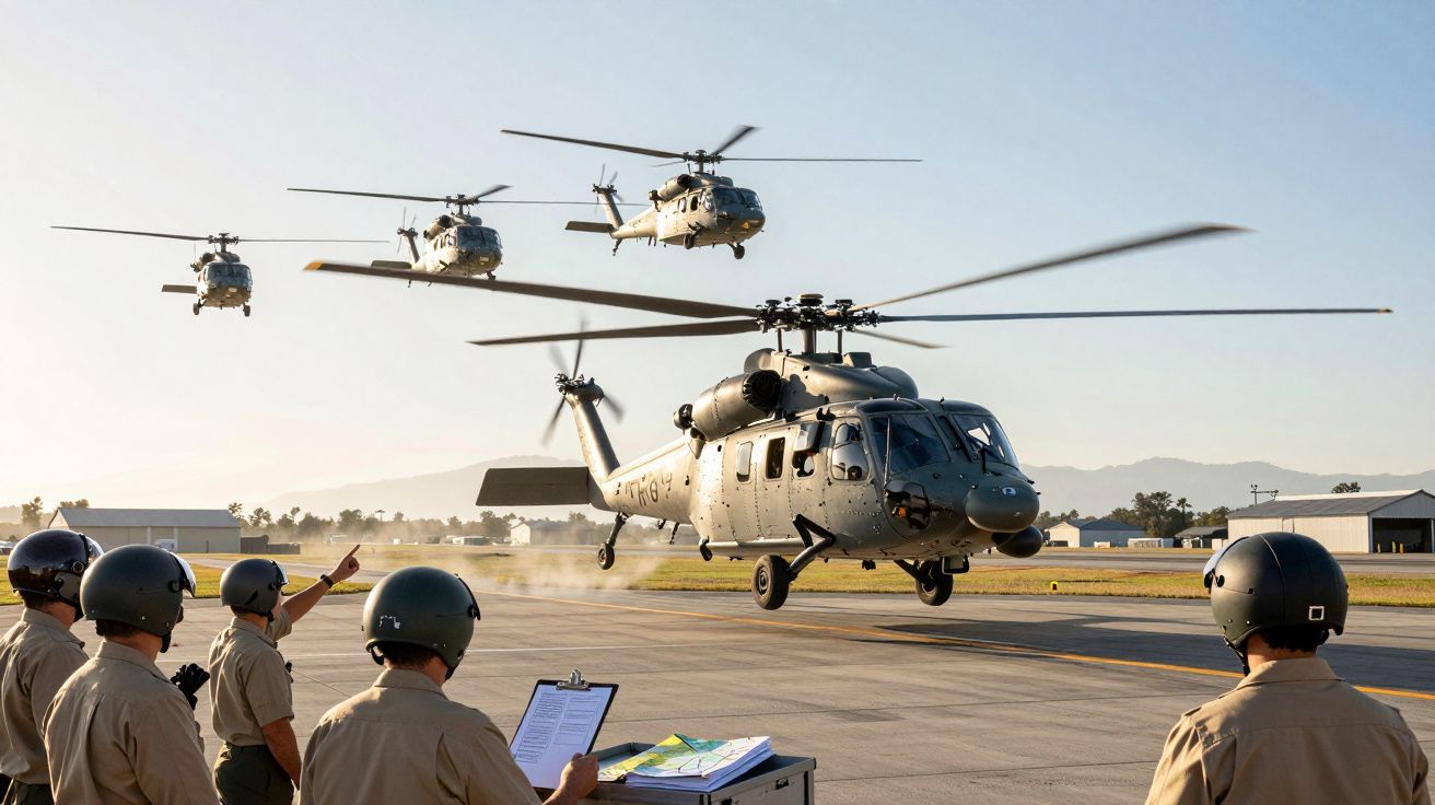 Helicóptero militar a aterrar na pista, com três helicópteros ao fundo e pessoal em terra a assistir.