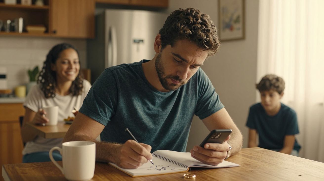 Homem sentado à mesa a escrever num caderno com o telemóvel na mão; ao fundo, uma mulher e uma criança.