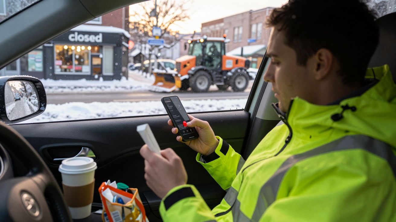 Homem sentado no carro, vestido de casaco amarelo, segura telemóvel, neve lá fora com trator ao fundo.