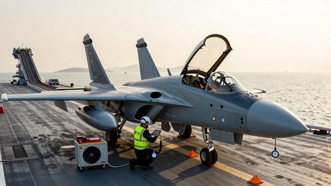 Avião militar cinza com cockpit aberto em porta-aviões, técnico verifica equipamento no piso ao entardecer.