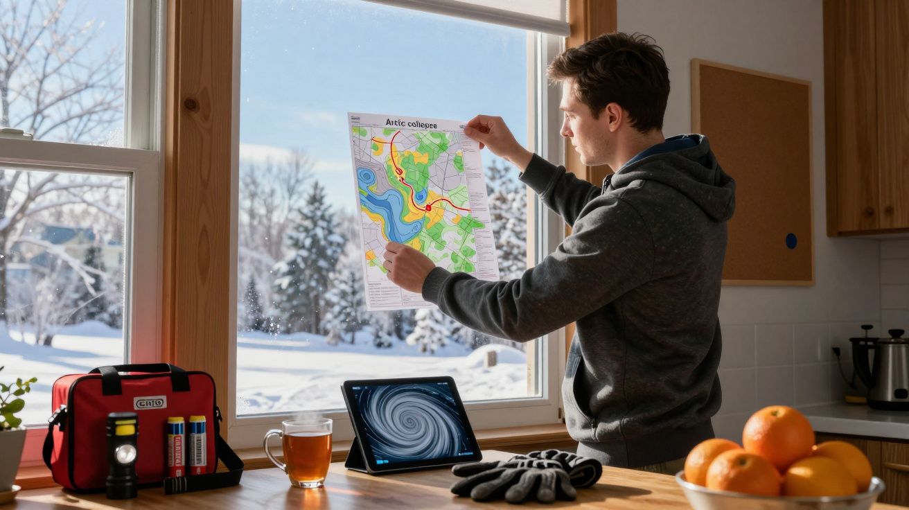 Homem analisa mapa perto de janela com cenário de neve, mesa com chá, frutas e equipamento de emergência.
