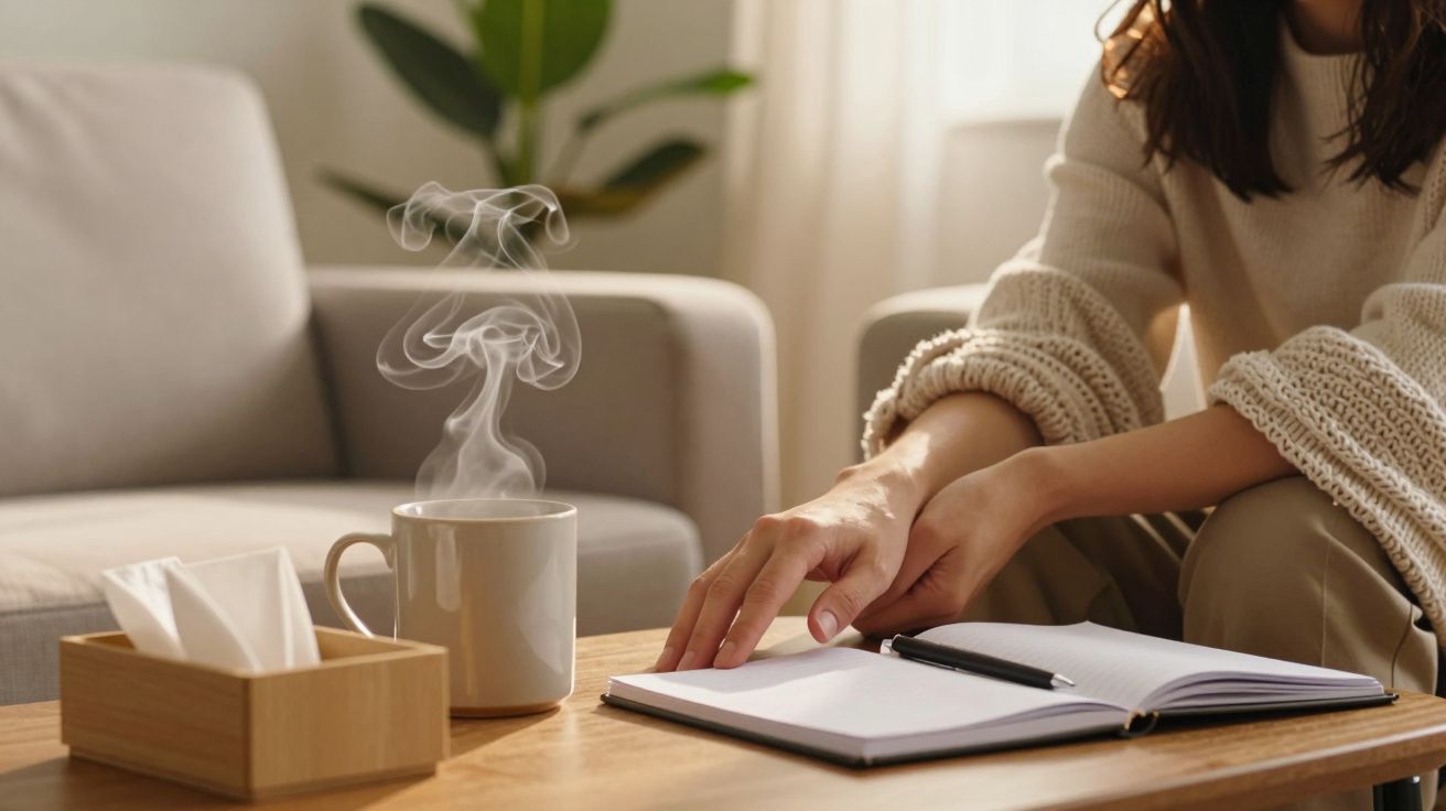 Mulher sentada numa sala, com uma caneca de chá fumegante e a tocar num caderno aberto sobre a mesa.