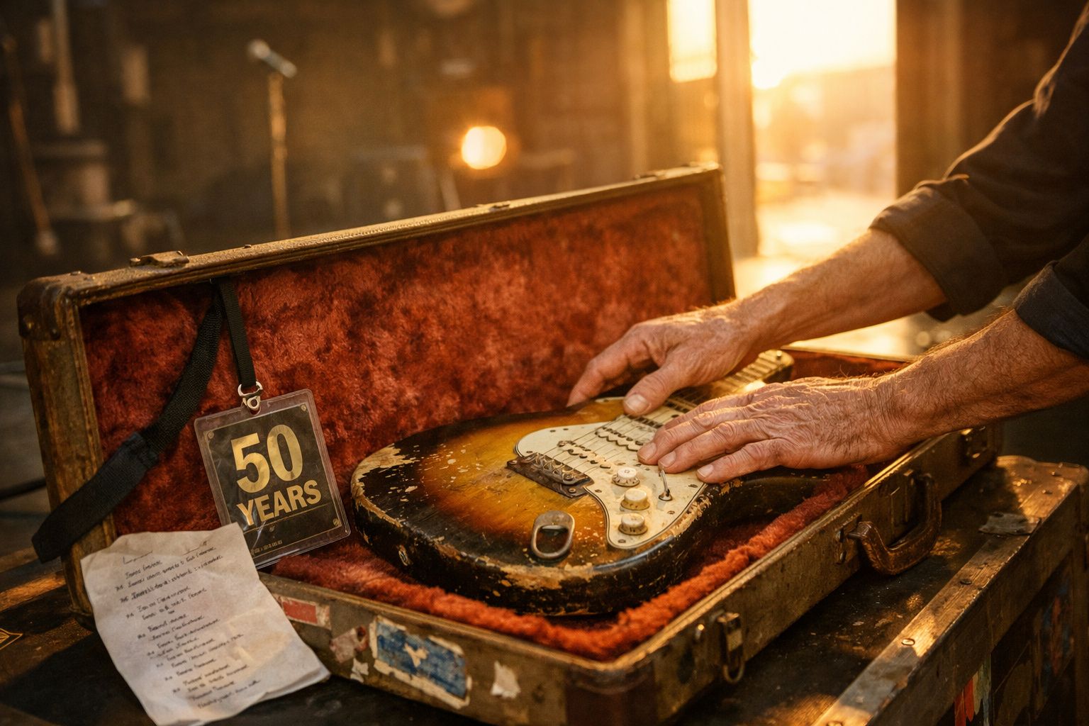 Guitarra elétrica em estojo aberto durante festival ao ar livre, com cartazes e público ao fundo.
