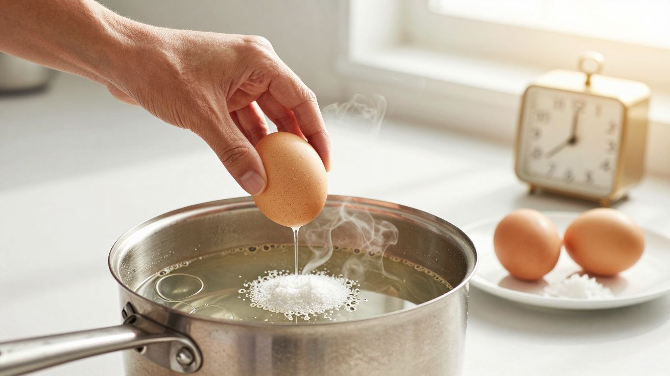 Mão colocando ovo em panela com água a ferver; fundo mostra relógio e dois ovos num prato.