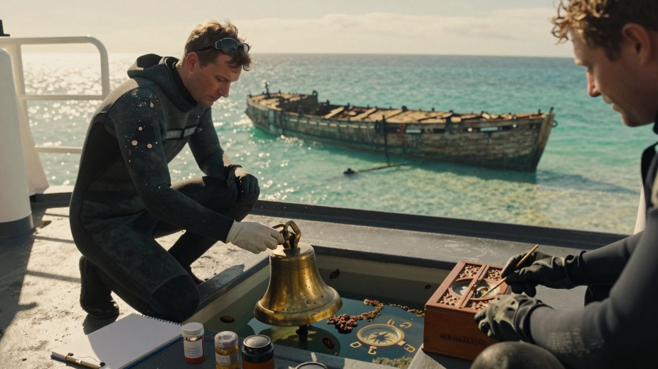 Mergulhadores num barco a analisar um sino dourado; ao fundo, um naufrágio no mar cristalino.