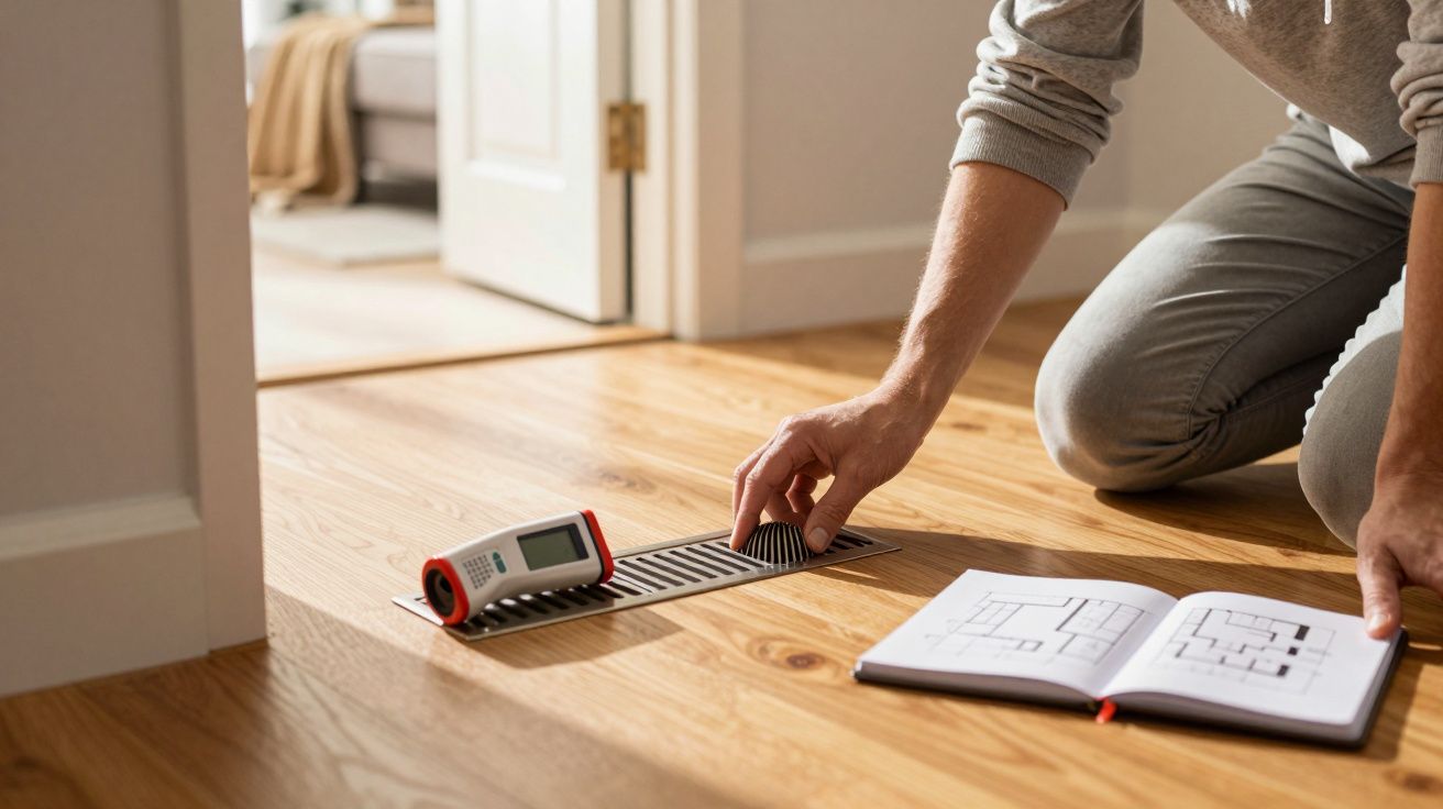 Homem agachado mede com ferramenta sobre piso de madeira, ao lado de livro de esquemas e dispositivo digital.