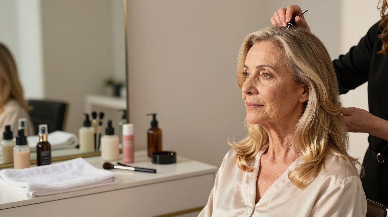 Mulher idosa em salão de beleza, cabelo loiro a ser penteado por cabeleireira, produtos de cuidado pessoal na mesa.