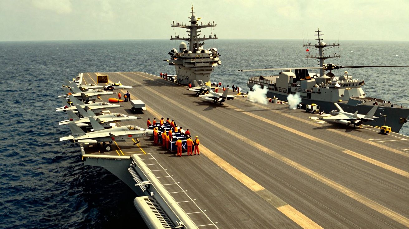 Porta-aviões no mar com aviões no convés e tripulação vestida de laranja preparando as aeronaves para voo.