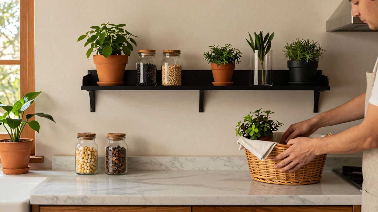 Cozinha com plantas em prateleira, frascos de vidro com grãos e pessoa a segurar cesto de vime com planta.