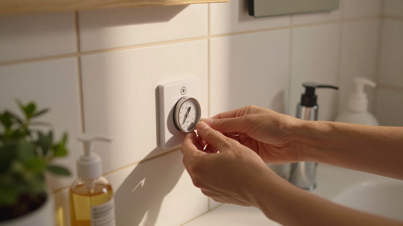 Mãos ajustam um termóstato numa parede de azulejos numa casa de banho iluminada.