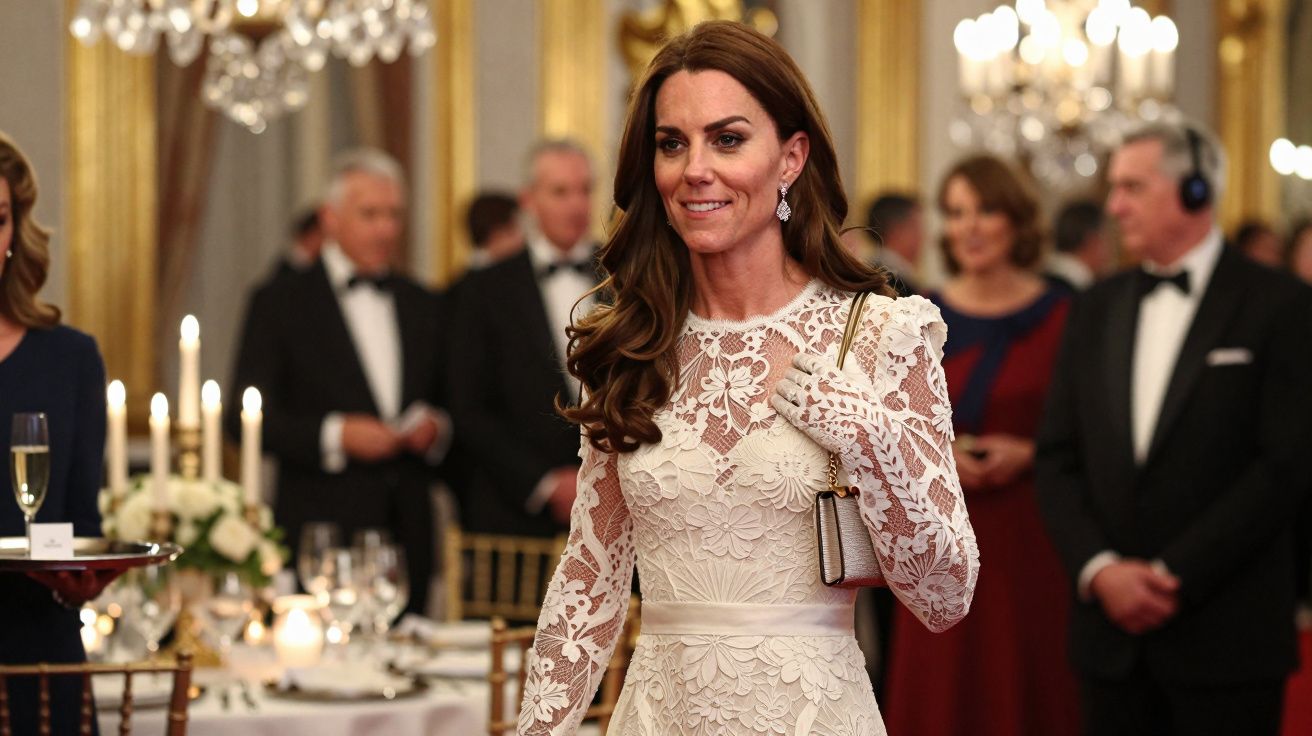 Mulher em vestido branco rendado num evento formal com convidados ao fundo.