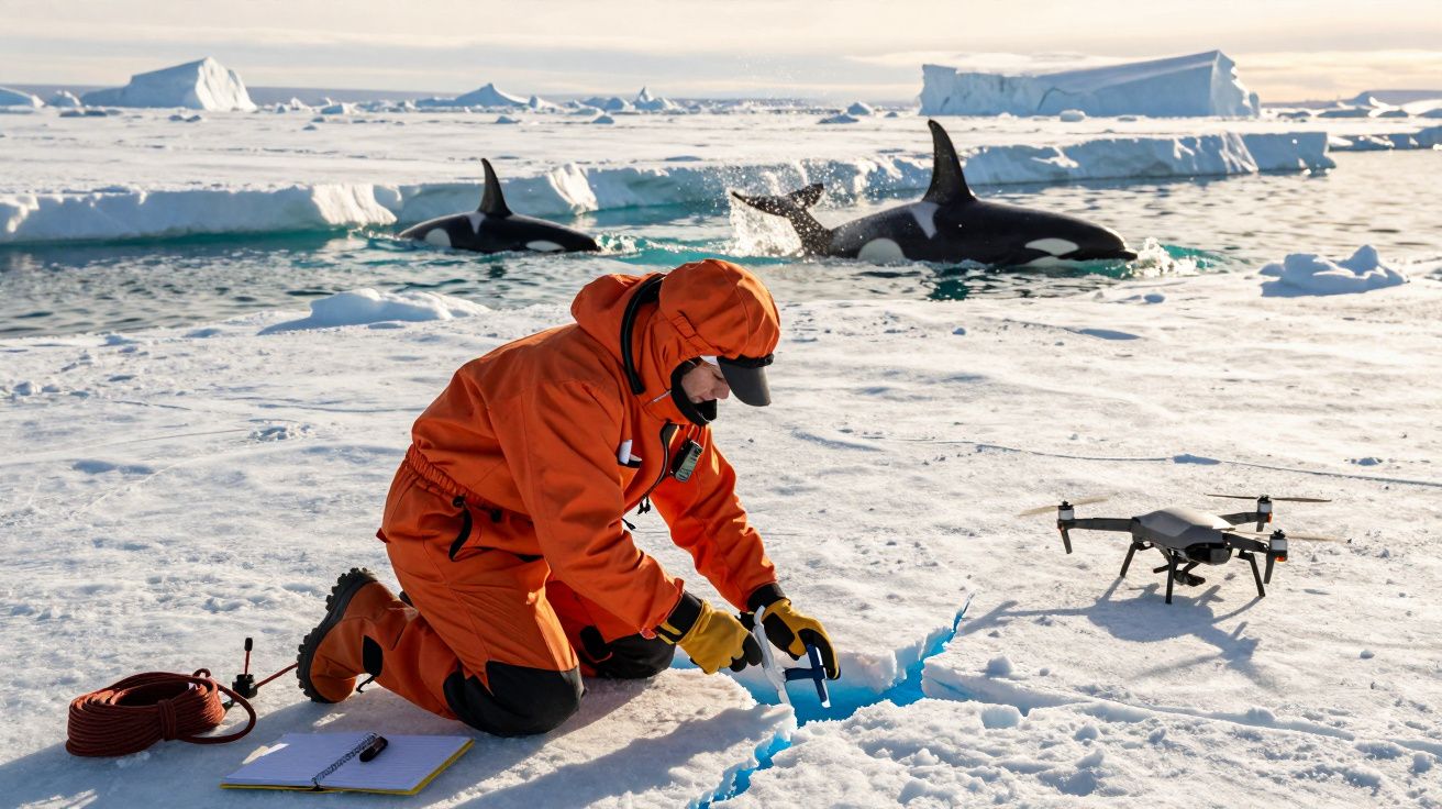 Pessoa de fato térmico laranja trabalha no gelo, com orcas e drone ao fundo.