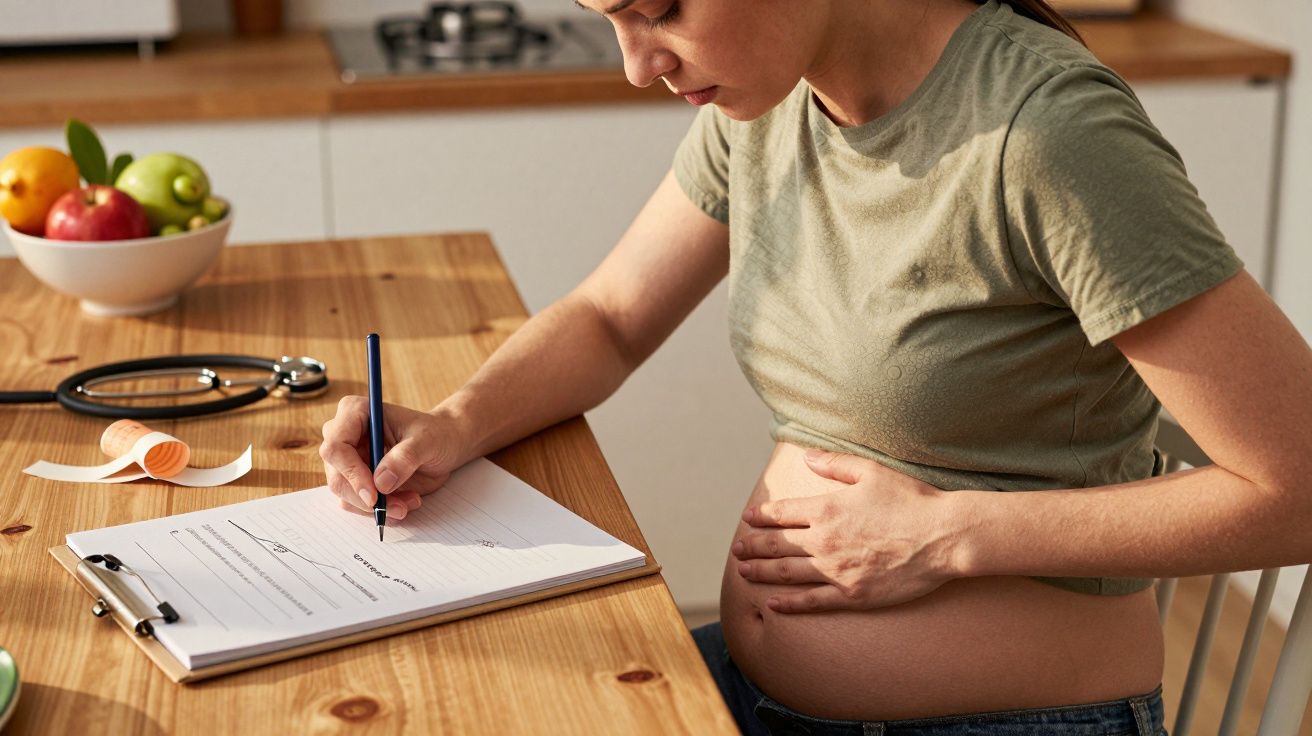 Mulher grávida escreve num bloco de notas, sobre uma mesa com estetoscópio e fruta, na cozinha.
