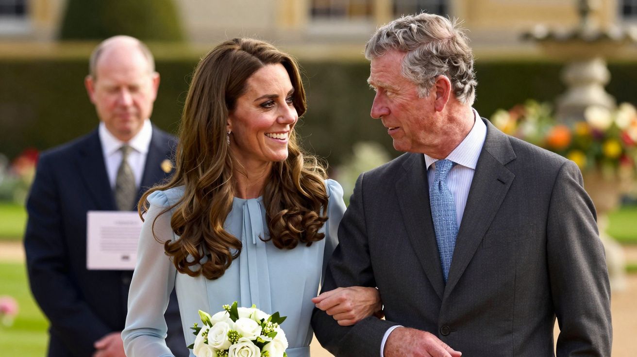 Mulher de vestido azul e homem de fato cinza caminham juntos num jardim; ela segura um pequeno ramo de flores.