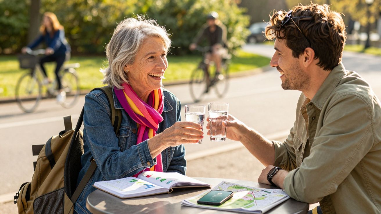 Idosos a brindarem com água numa esplanada ao ar livre, com bicicletas e árvores ao fundo.