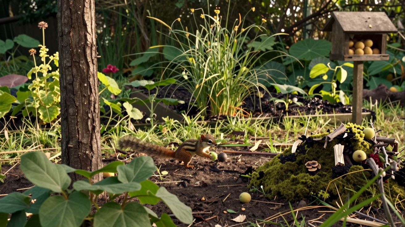 Esquilo num jardim comendo uma maçã ao lado de cogumelos e uma casinha de madeira para pássaros.