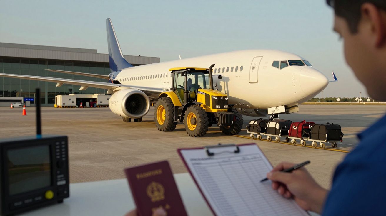 Funcionário no aeroporto verifica lista enquanto um trator transporta bagagens para um avião estacionado na pista.