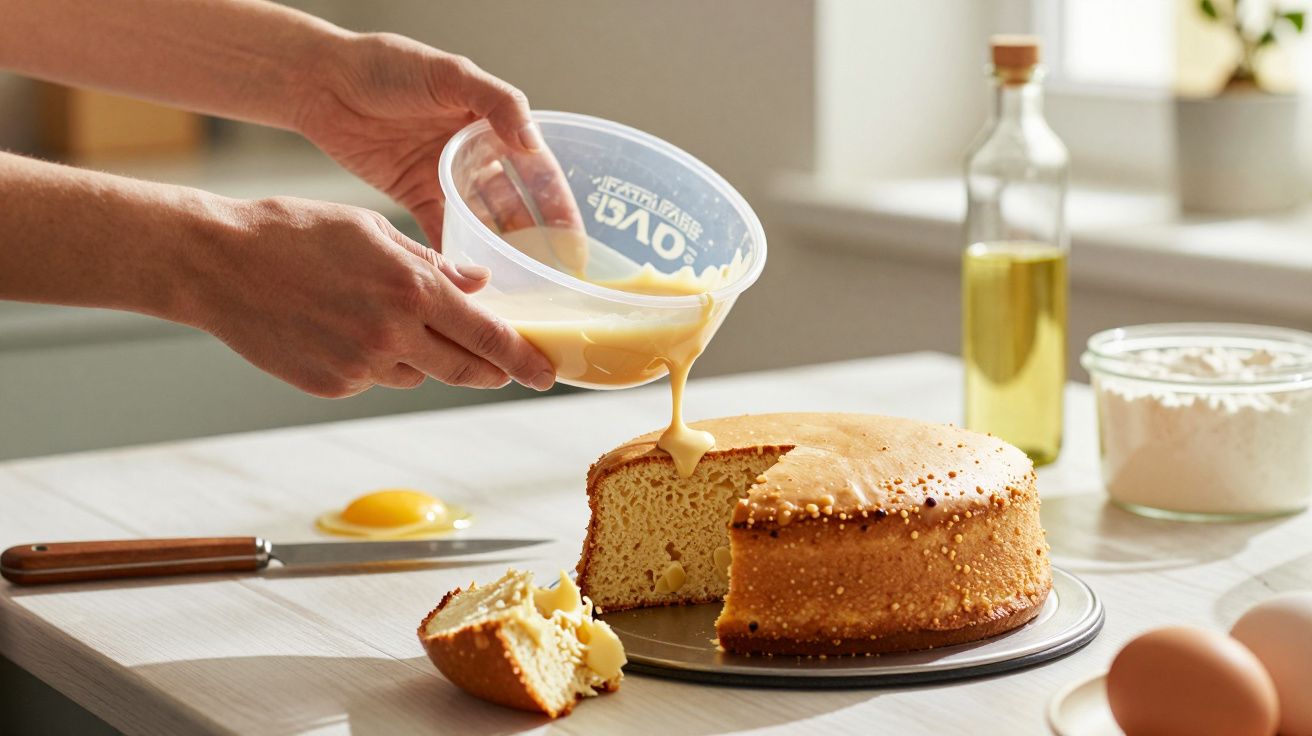 Pessoa a verter molho cremoso sobre bolo; na mesa, ovos, farinha e uma garrafa de óleo.