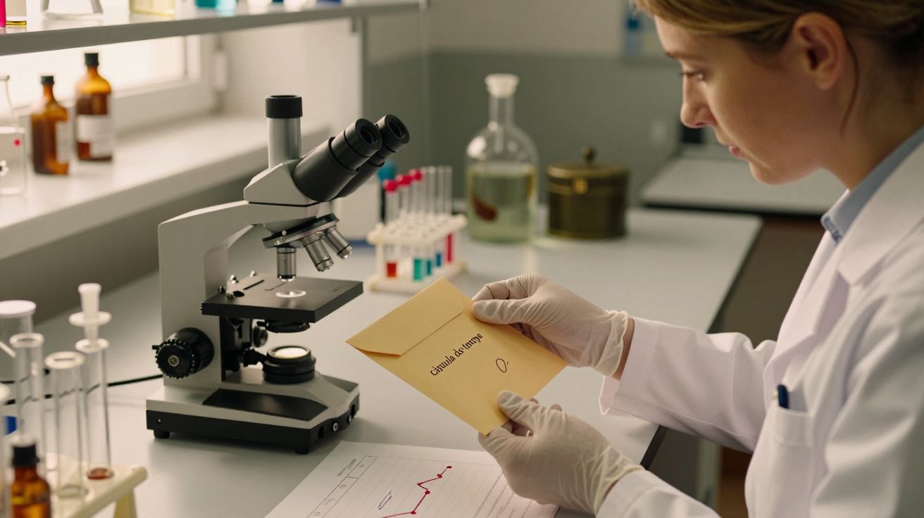 Cientista em laboratório segura envelope com rótulo "candidata número 9" ao lado de um microscópio e tubos de ensaio.