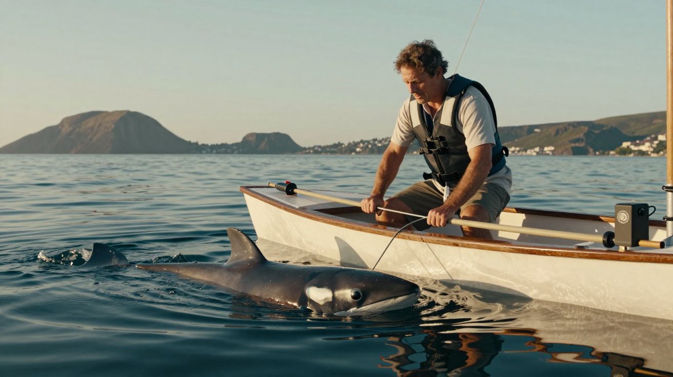 Homem num barco pequeno observa um tubarão na água, em dia ensolarado com montanhas ao fundo.