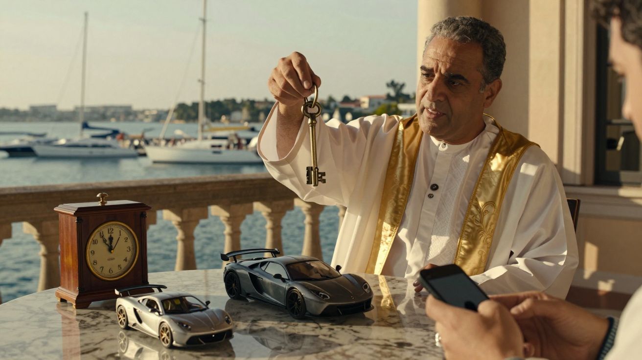 Homem de robe dourado segura chave atrás de mesa com modelos de carros, relógio clássico e fundo de marina.