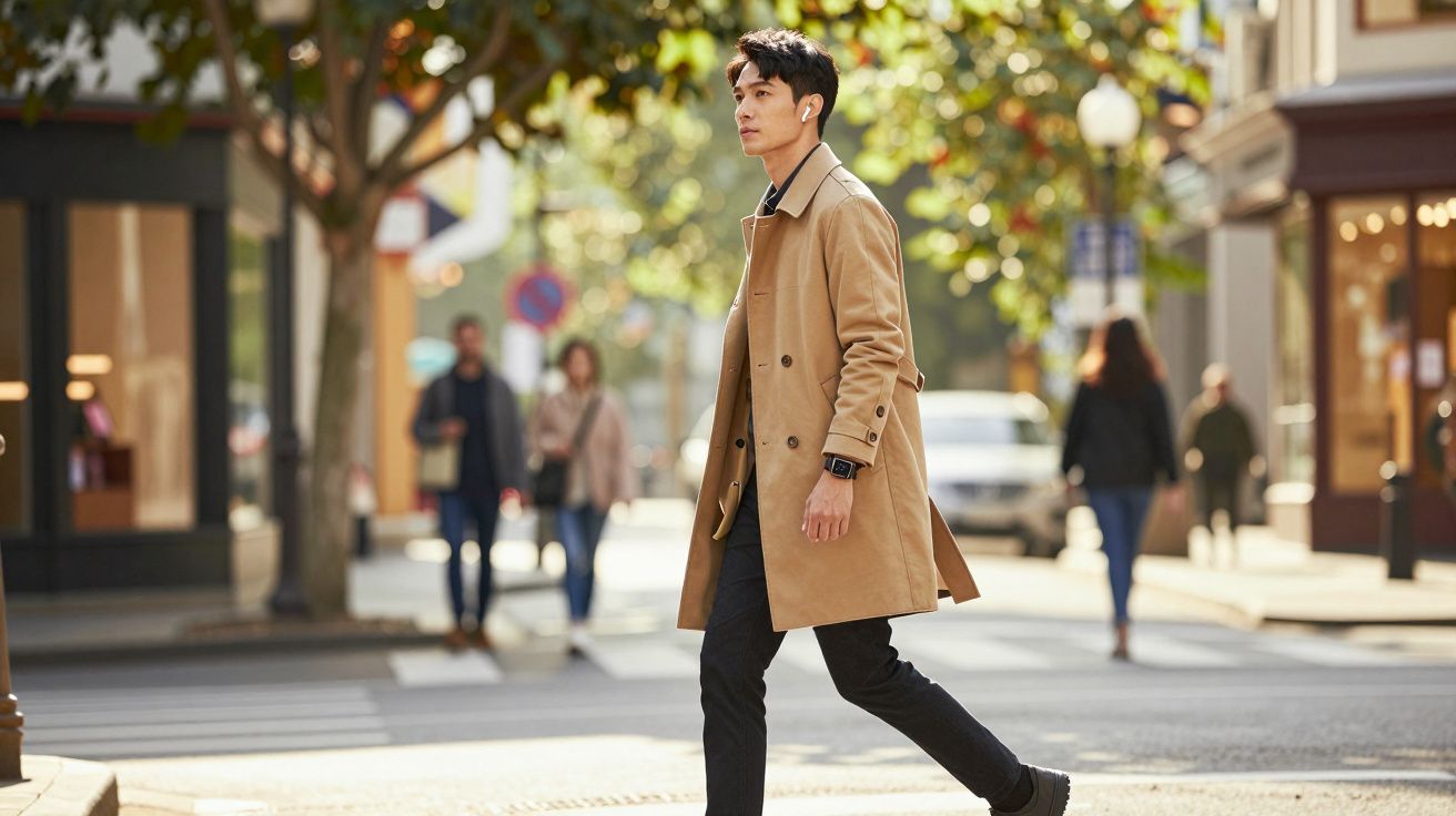 Homem de casaco bege a atravessar a rua numa cidade, com pessoas e carros ao fundo.