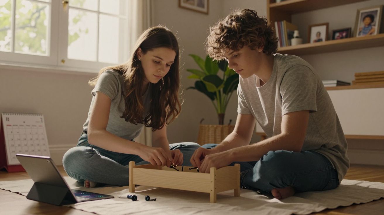 Dois jovens montam um pequeno móvel de madeira no chão, perto de um computador portátil, numa sala iluminada.