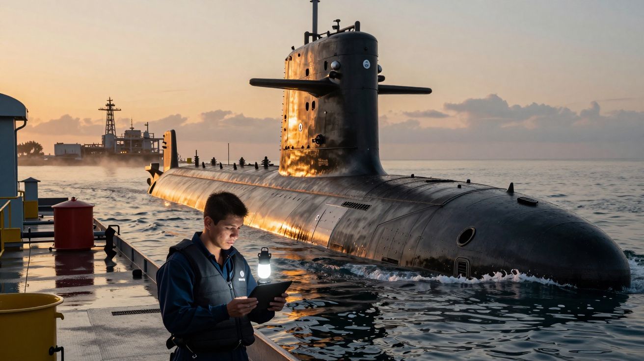 Submarino ao pôr do sol com um homem lendo um tablet no cais.