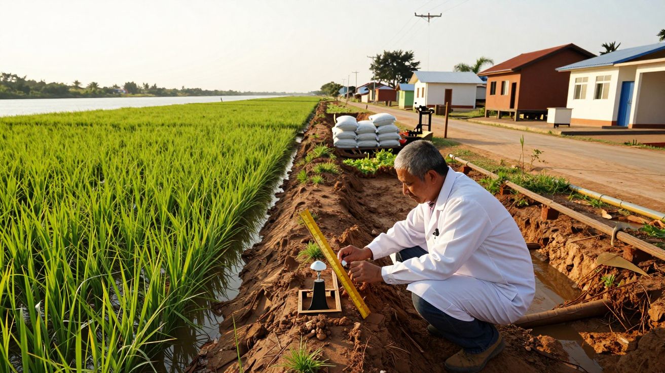 Homem de jaleco branco analisa terreno num campo de arroz junto a um canal de água e casas ao fundo.