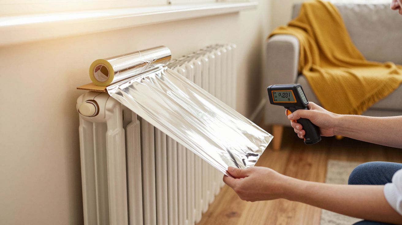 Pessoa instala folha refletora atrás de um aquecedor numa sala, enquanto verifica a temperatura com termómetro digital.