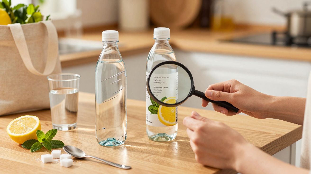 Pessoa a segurar lupa sobre rótulo de garrafa de água com limão, em cima de mesa com copo, colher e cubos de açúcar.