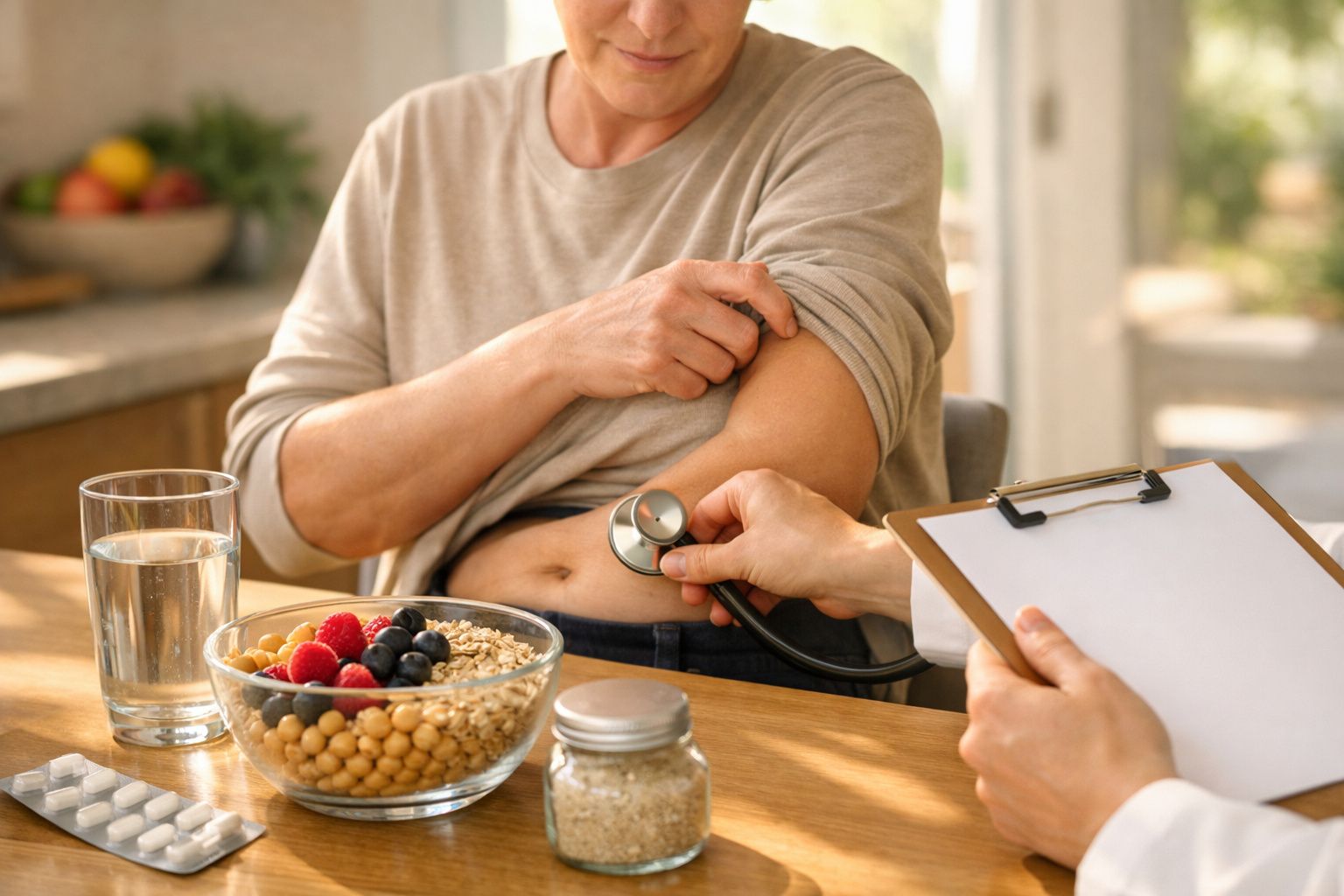 Pessoa a ser examinada com estetoscópio na barriga, mesa com comida saudável e água ao lado.