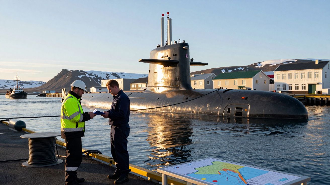 Submarino atracado próximo a cais, duas pessoas a conversarem, mesa com mapa em primeiro plano, montanhas ao fundo.