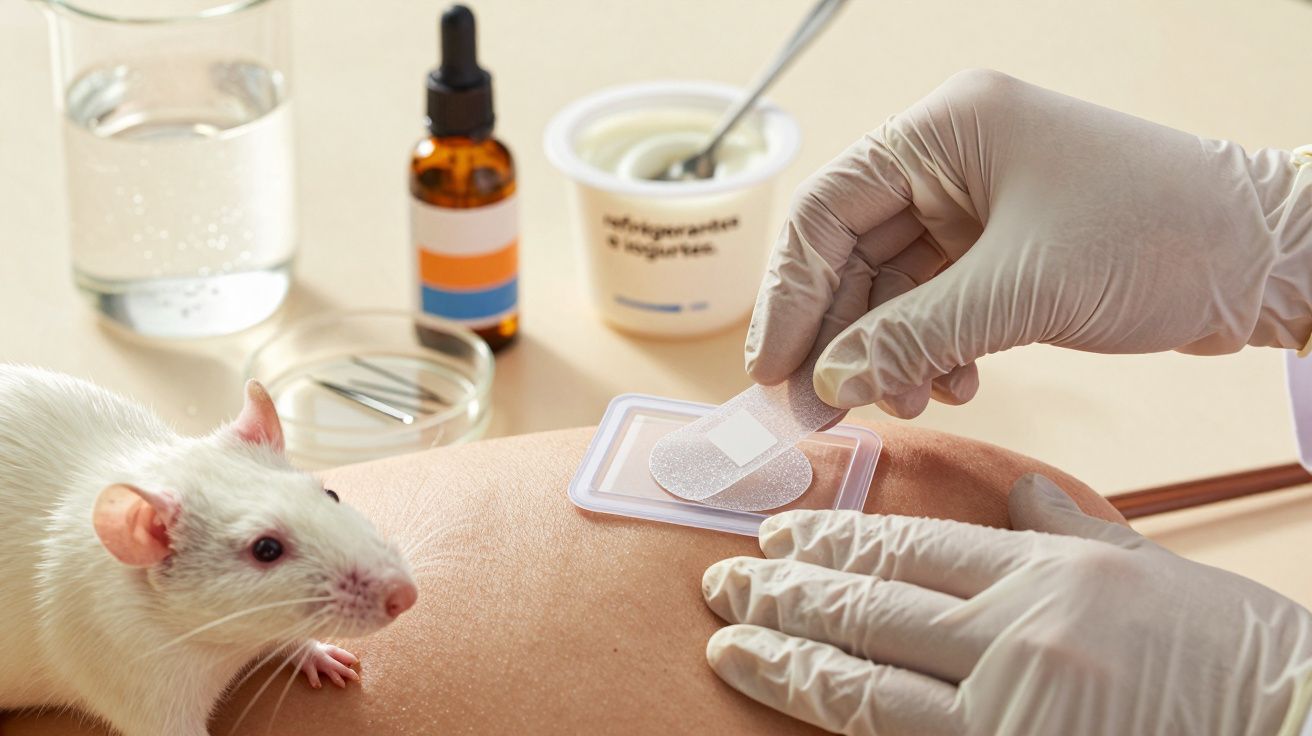 Pessoa com luvas aplicando um adesivo na pele, com um rato branco e frascos no fundo.