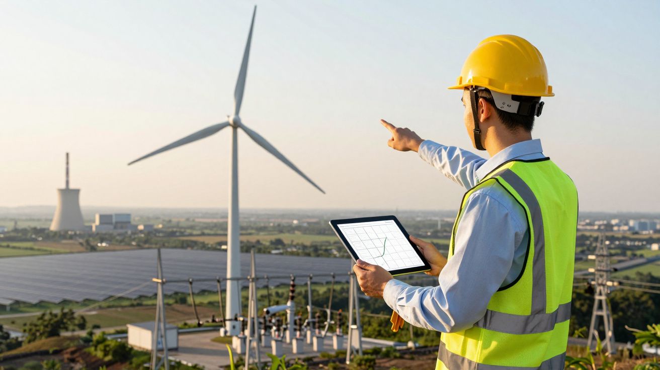 Engenheiro com capacete e tablet aponta para turbina eólica num campo de energia renovável ao fundo.