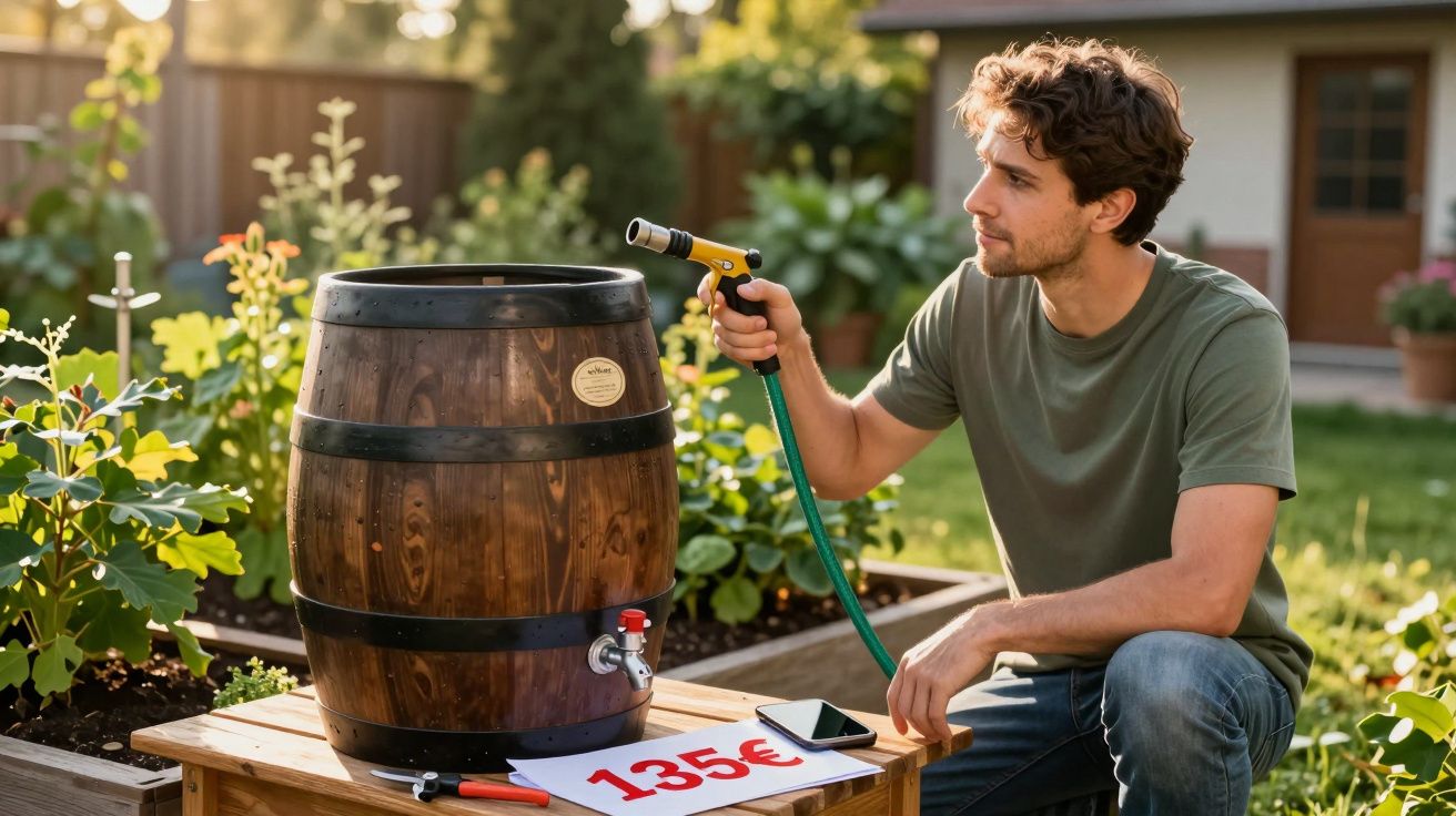 Homem agachado enche barril de madeira com mangueira em jardim, preço 135€ em destaque.