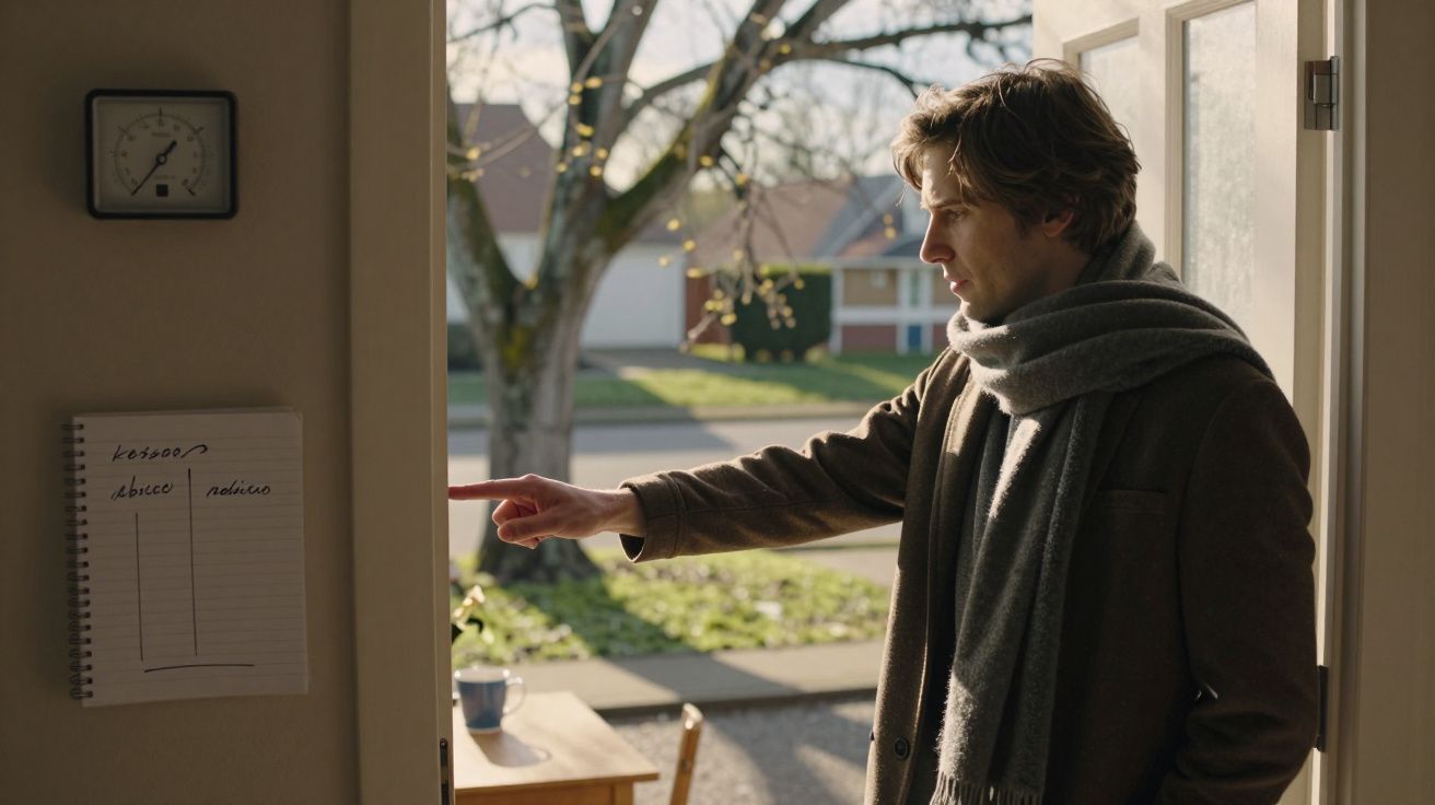 Homem de cachecol à porta aberta de uma casa, apontando para uma lista pendurada na parede, com árvores ao fundo.