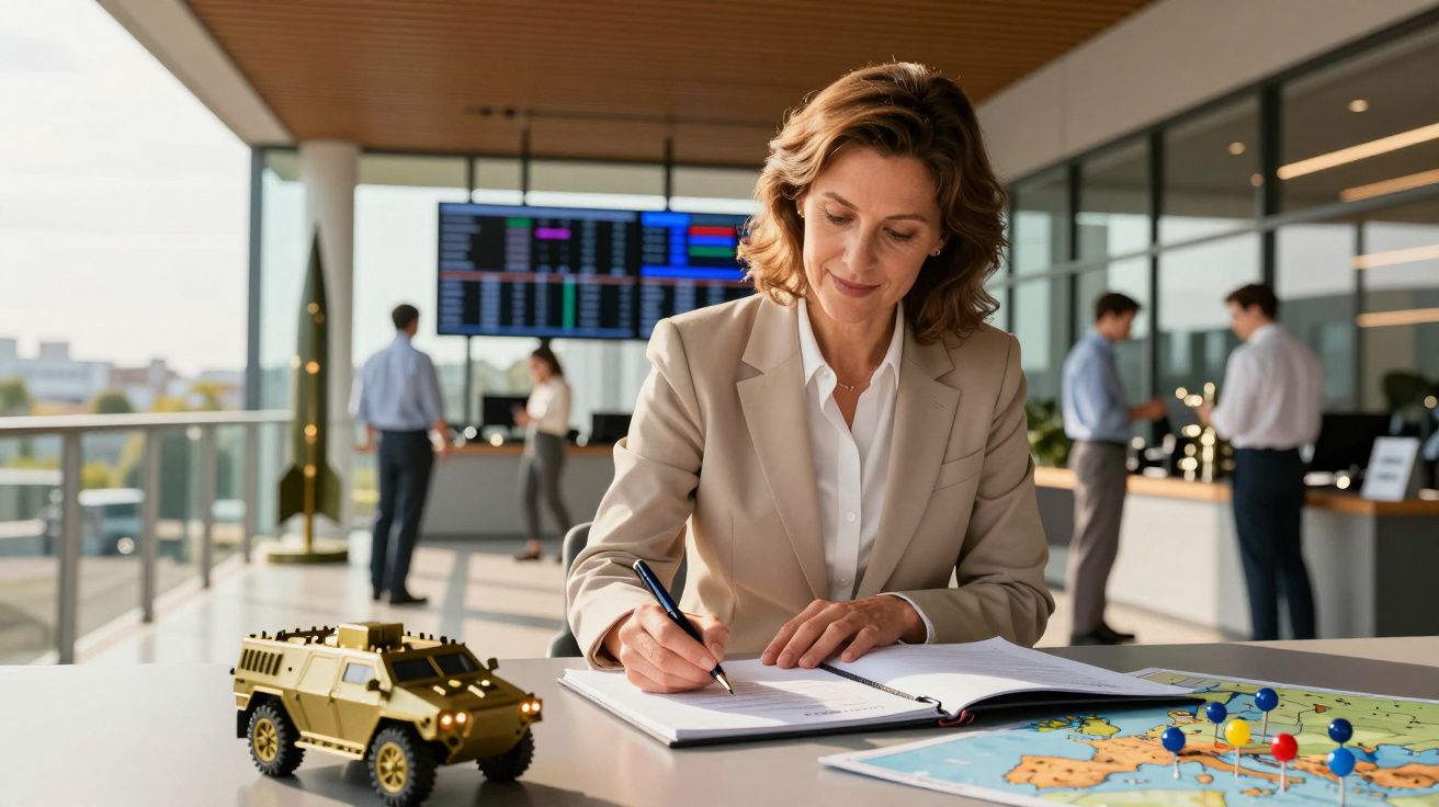 Mulher escrevendo em escritório moderno, com mapa e modelo de veículo sobre a mesa; pessoas e ecrã de cotações ao fundo.