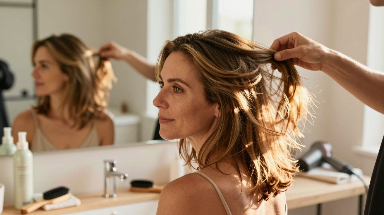 Mulher sorridente em frente ao espelho, com cabelo ruivo claro sendo arranjado por outra pessoa.