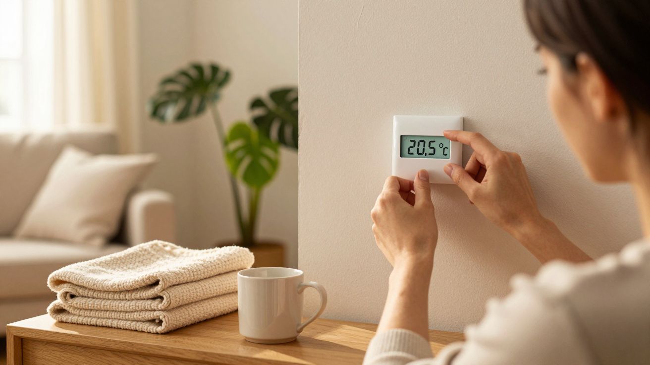 Pessoa ajusta termóstato de parede para 20,5°C numa sala aconchegante com sofá, planta e chávena sobre mesa de madeira.