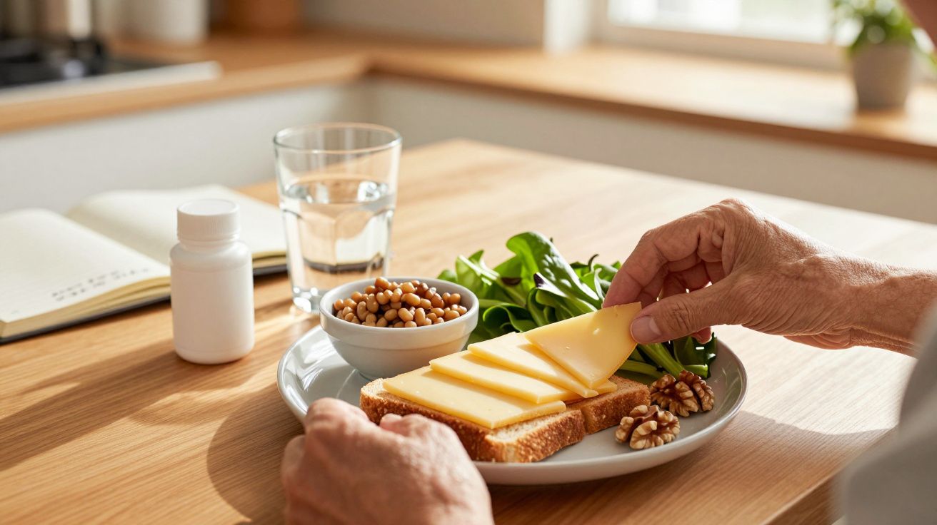 Pessoa prepara sanduíche com queijo, rodeada de nozes, folhas verdes, e um copo de água numa cozinha iluminada.