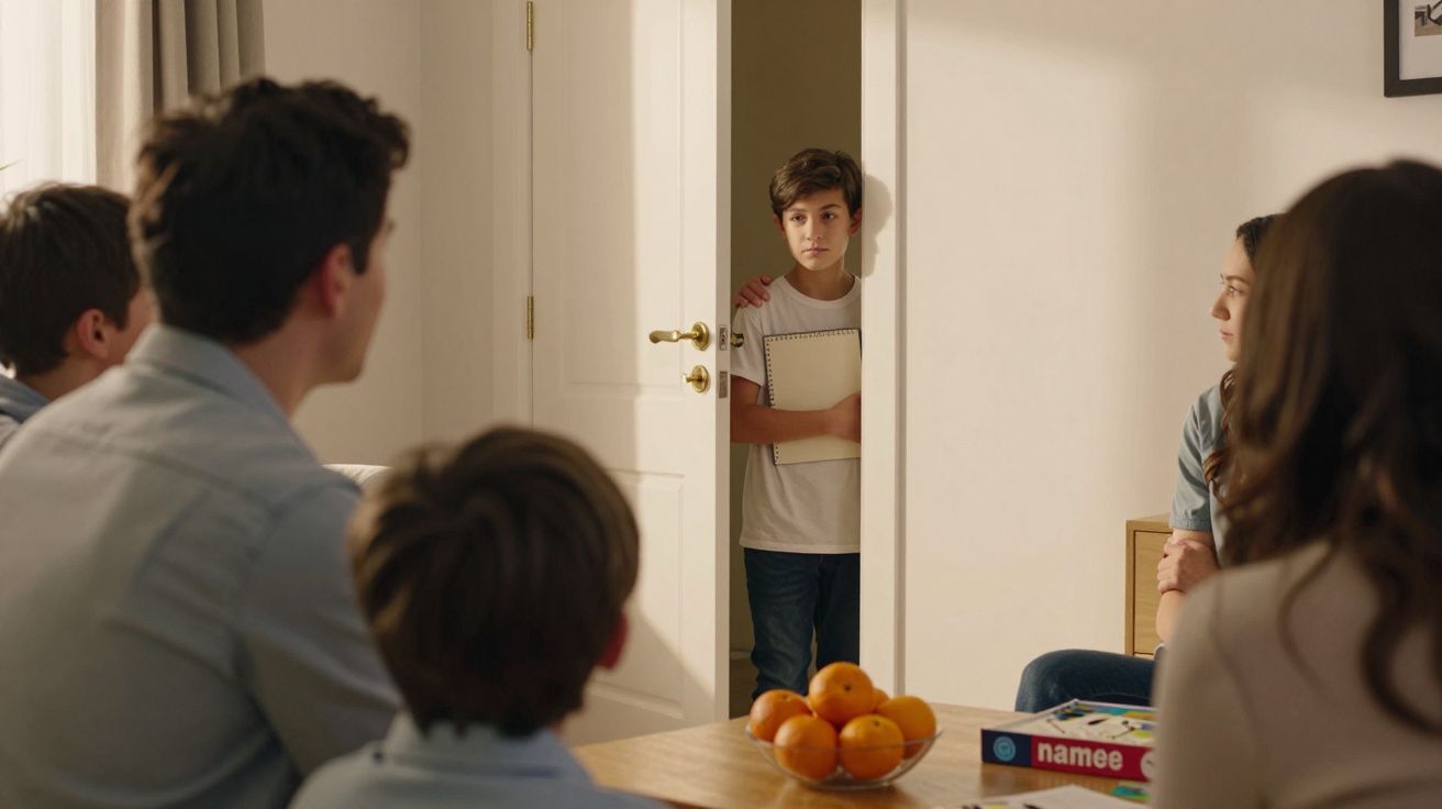 Rapaz de camisola branca olha da porta entreaberta para uma família sentada à mesa com um jogo e tangerinas.