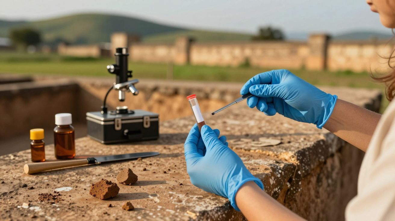 Investigador com luvas azuis segurando tubo de ensaio ao ar livre. Microscopio e frascos de amostra na mesa de pedra.